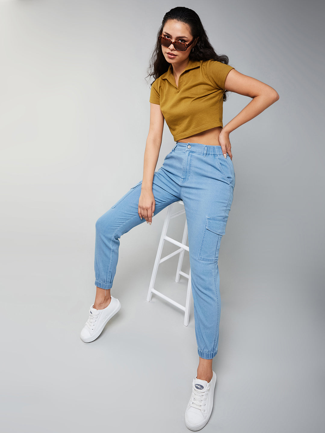 Women's Light Blue Regular High-Rise Light Weight Stretchable Denim Joggers