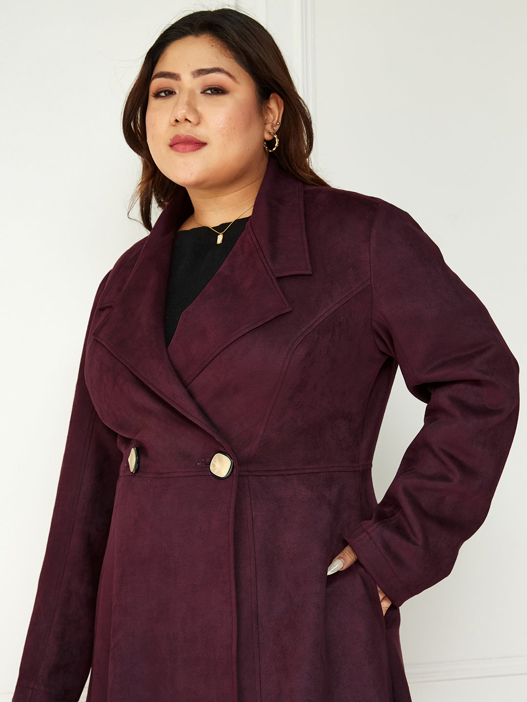 Body Bliss Wine Solid Double Breasted Longline Jacket for Women — Miss Chase A+