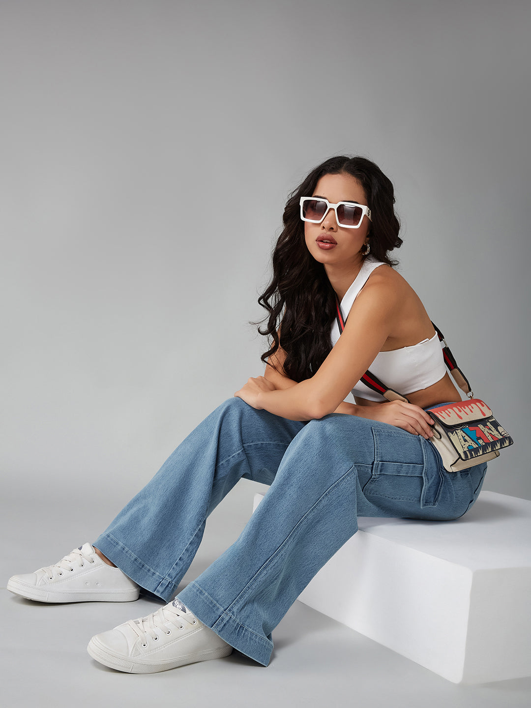 24/7 Comfort Light Blue Wide-Leg High-Rise Clean-Look Regular-Length Stretchable Flared Cargo Style Denim Jeans