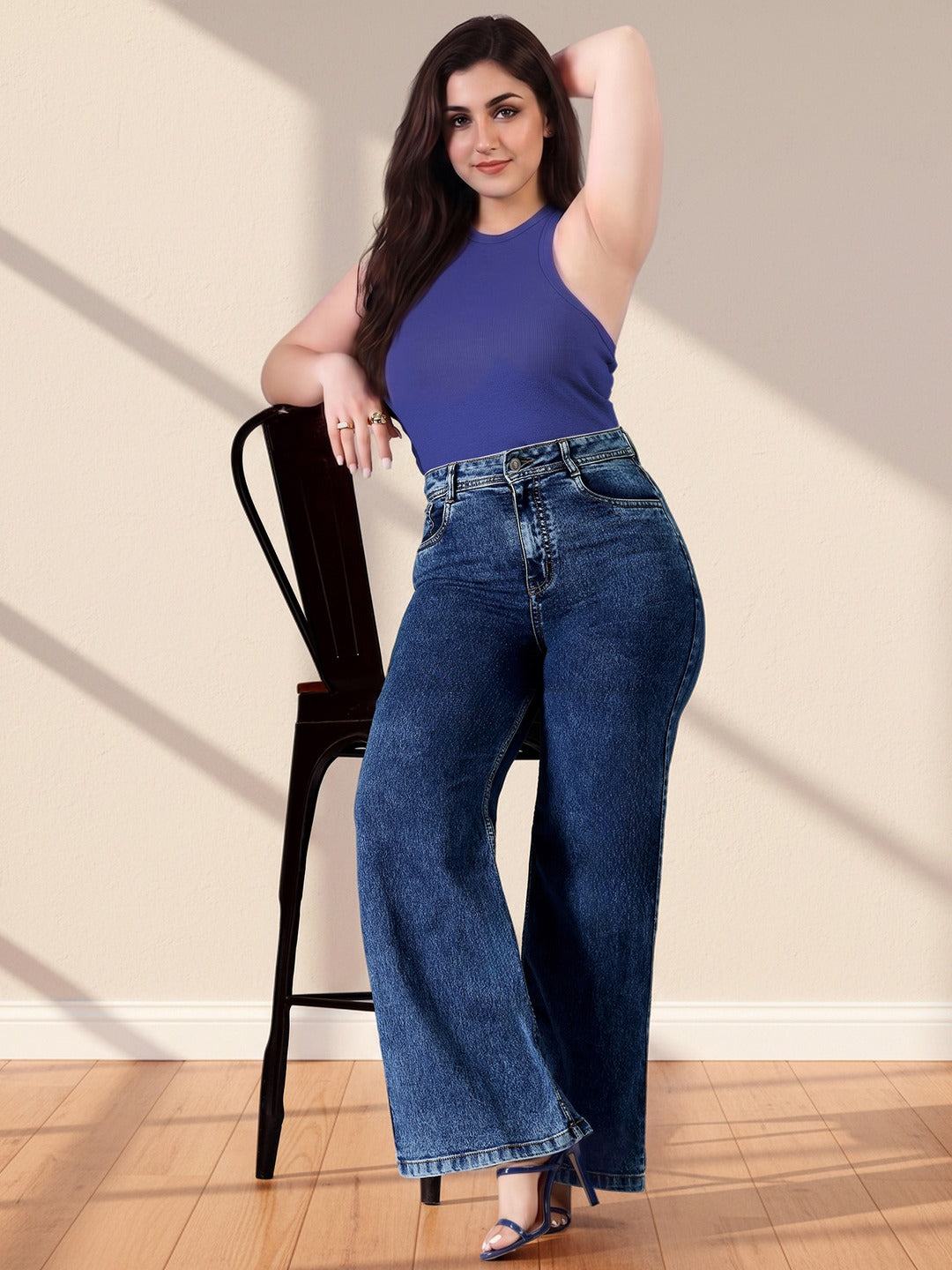 Mid Blue Wide-Leg High-Rise Stretchable Denim Jeans for Women