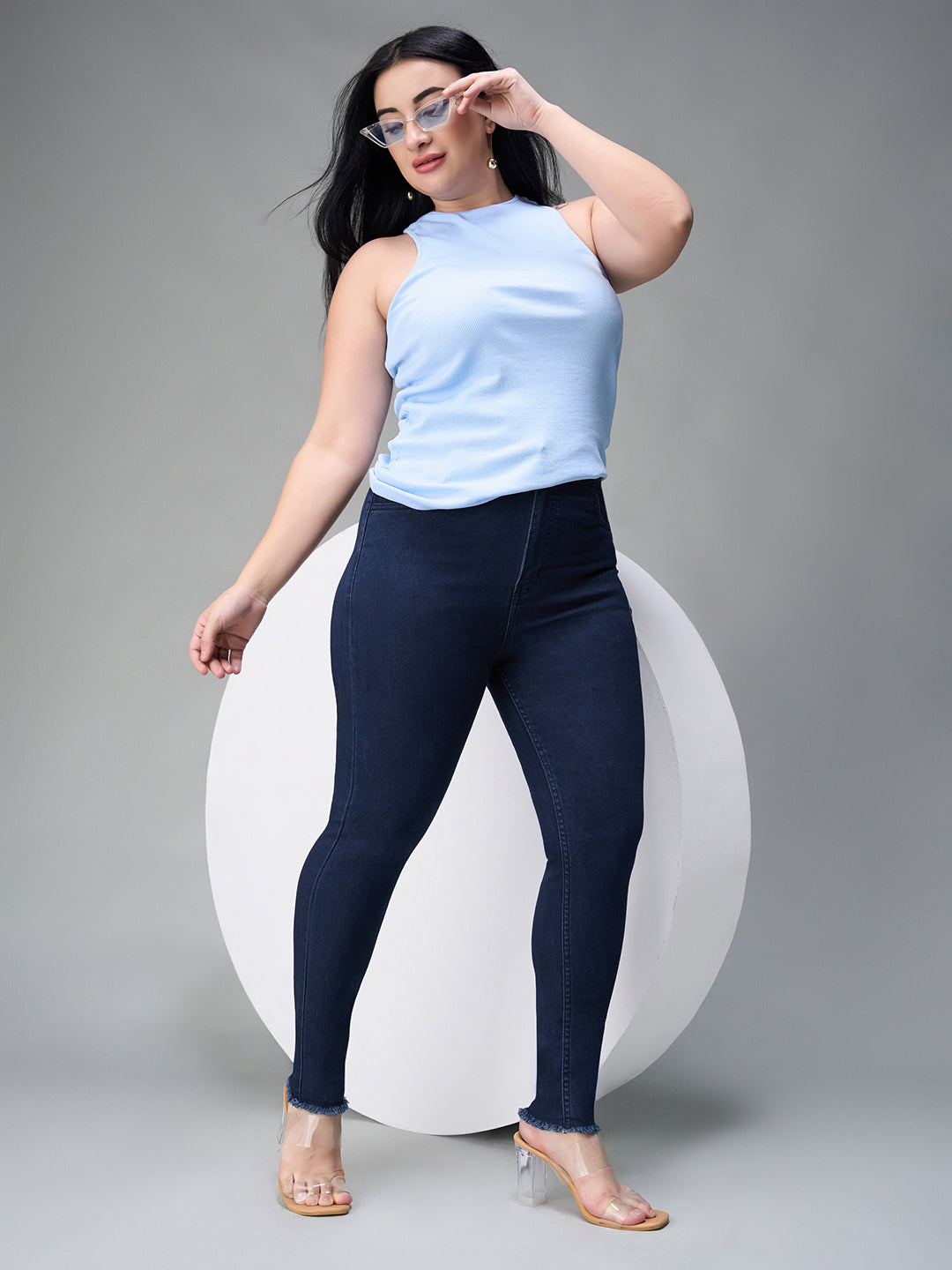 24/7 Comfort Navy-Blue Skinny High-Rise Cropped Fringed Hemline Stretchable Denim Jeans