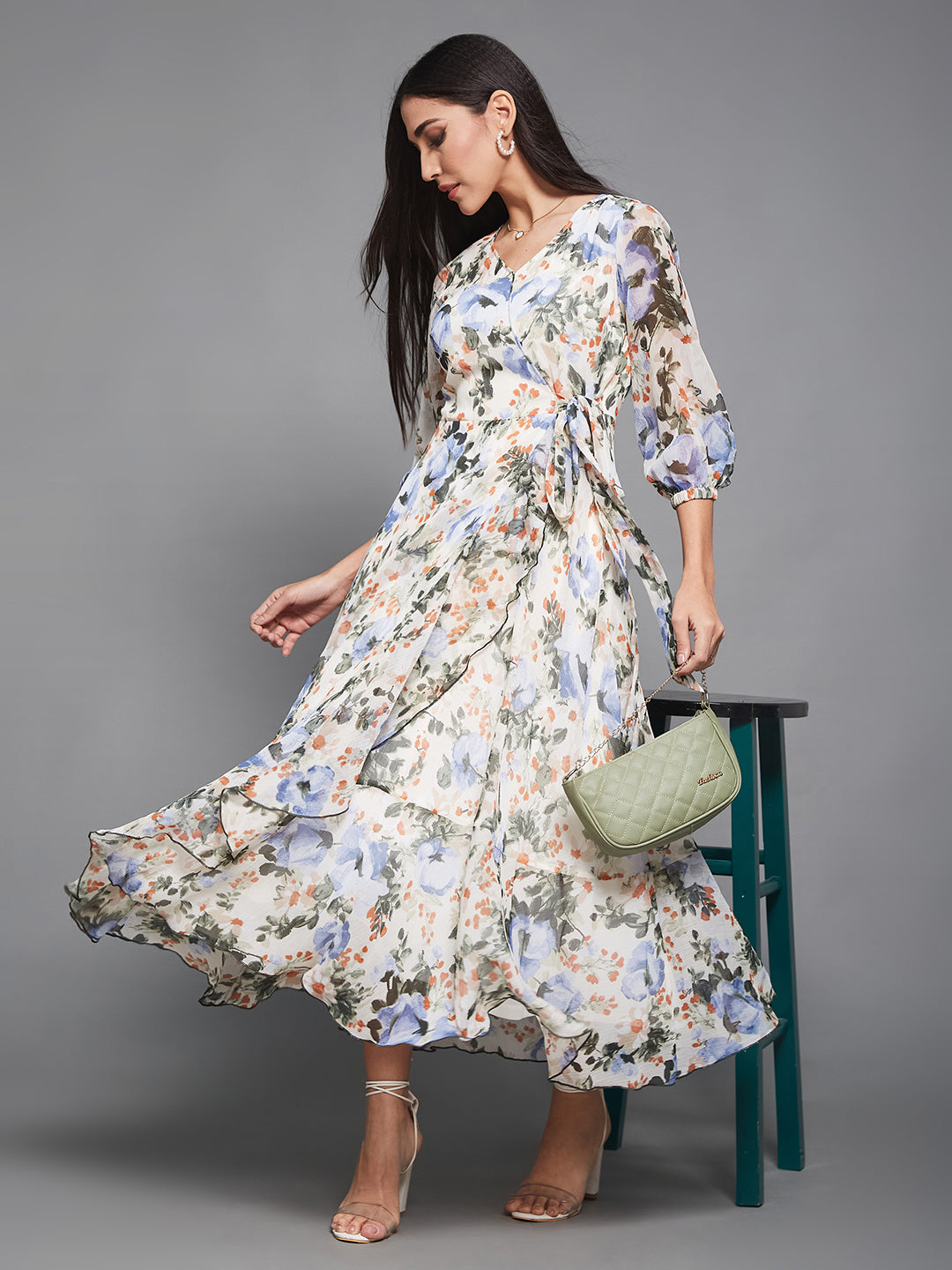 Women's Multicolored-Base-Off White V-Neck Three-Quarter Sleeve Floral Wrap Chiffon Midi Dress
