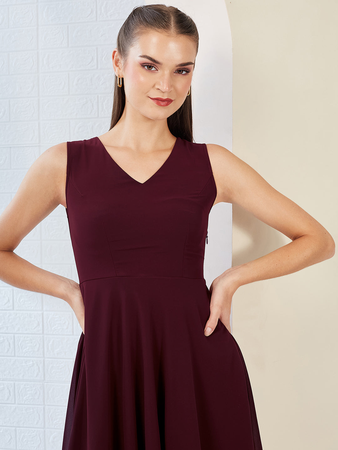 Wine Red V-Neck Sleeveless Solid High-Low Midi Skater Dress for Women