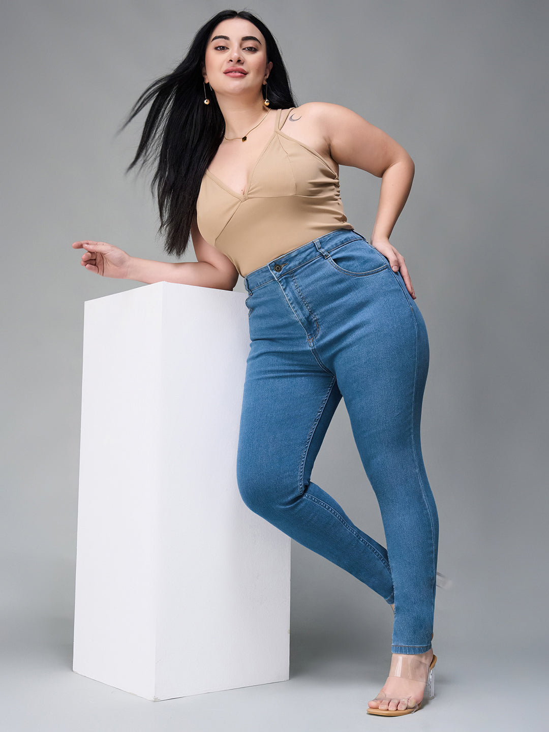 24/7 Comfort Blue Solid Skinny High-Rise Cropped Fringe Detailing Solid Stretchable Denim Jeans