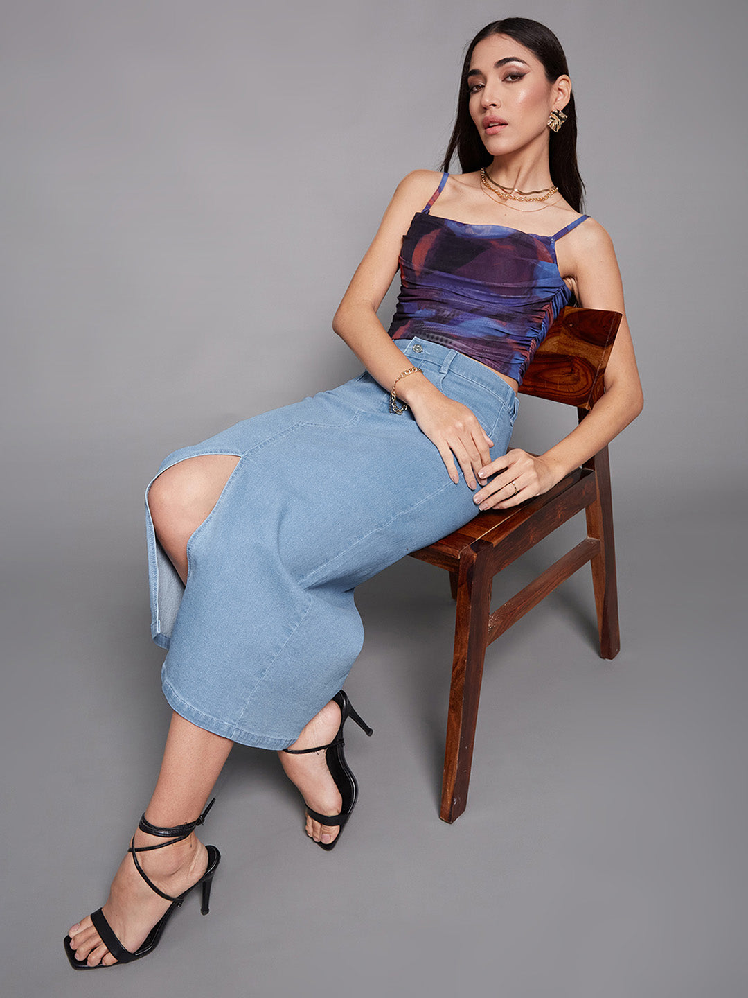 Women's Light Blue Straight-Fit High-Rise Stretchable Denim Midi Skirt