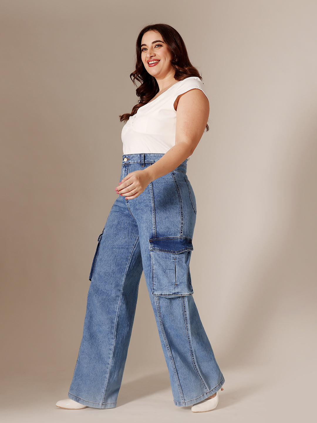 Blue Wide-Leg High-Rise Clean-Look Regular-Length Stretchable Patch-Pocketed Denim Jeans for Women