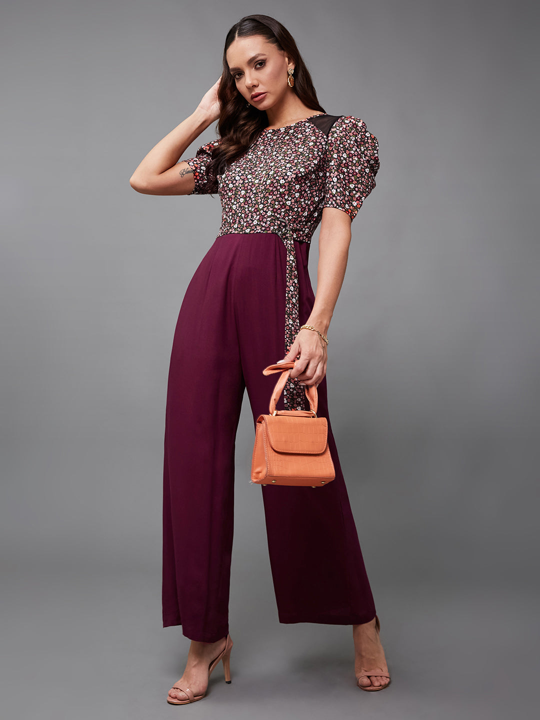 Women's Multicolored-Base-Wine Round Neck Cowl Sleeve Floral Wide-leg Viscose-Rayon Regular Length Jumpsuit