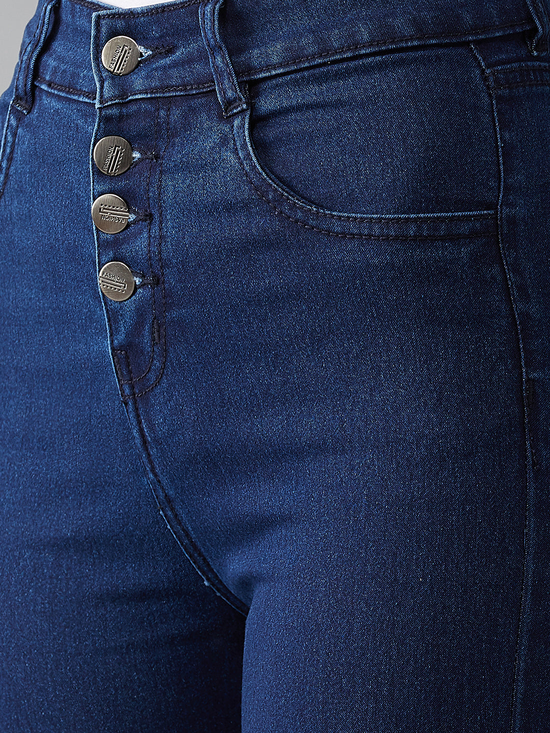 CHASEstretch™ Navy-Blue Skinny High-Rise Solid Fringed Hemline Cropped Denim Jeans