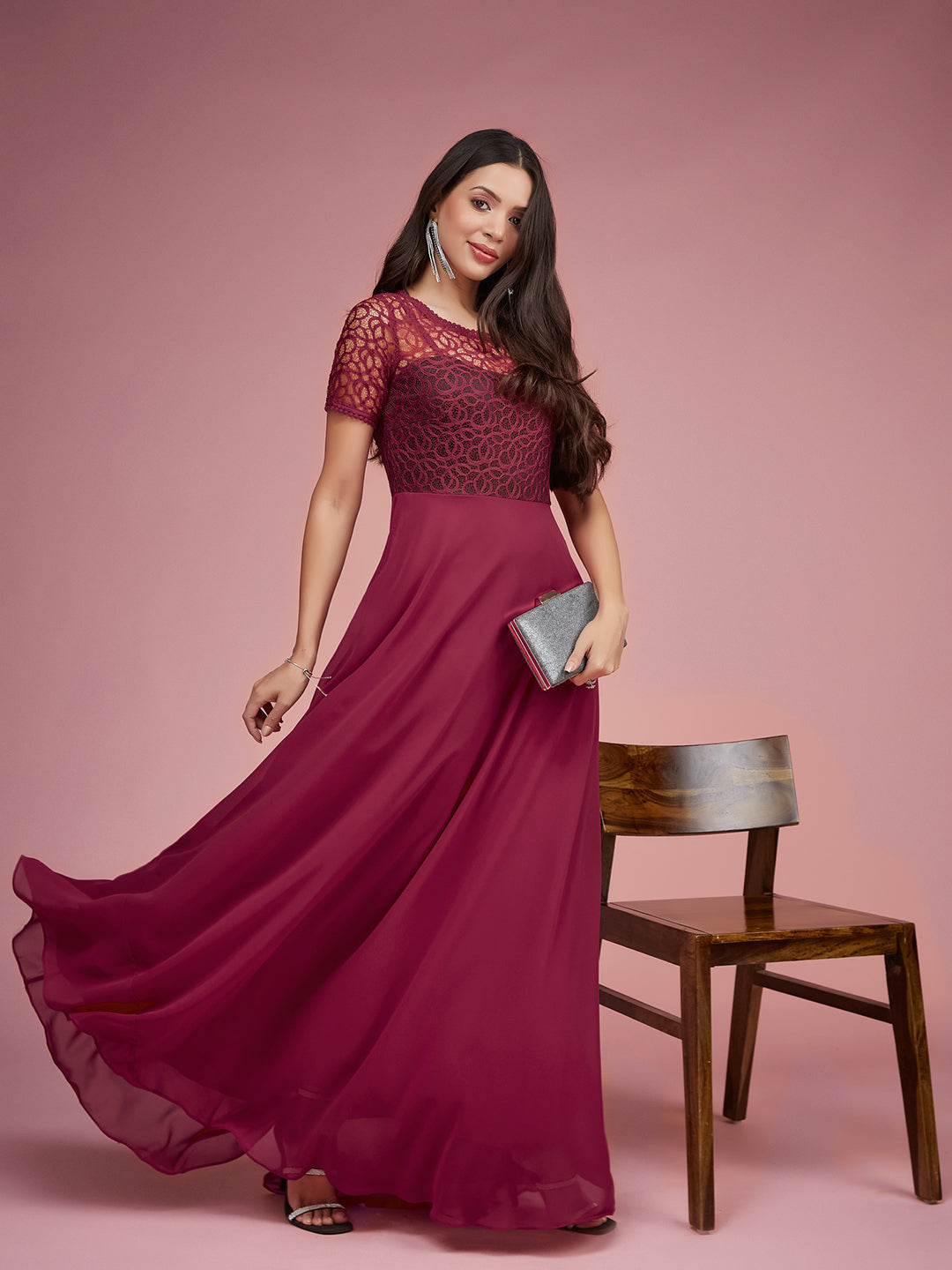 Dark Pink Short Sleeves Lace Fit and Flare Maxi Dress Long Dress Frock for Women