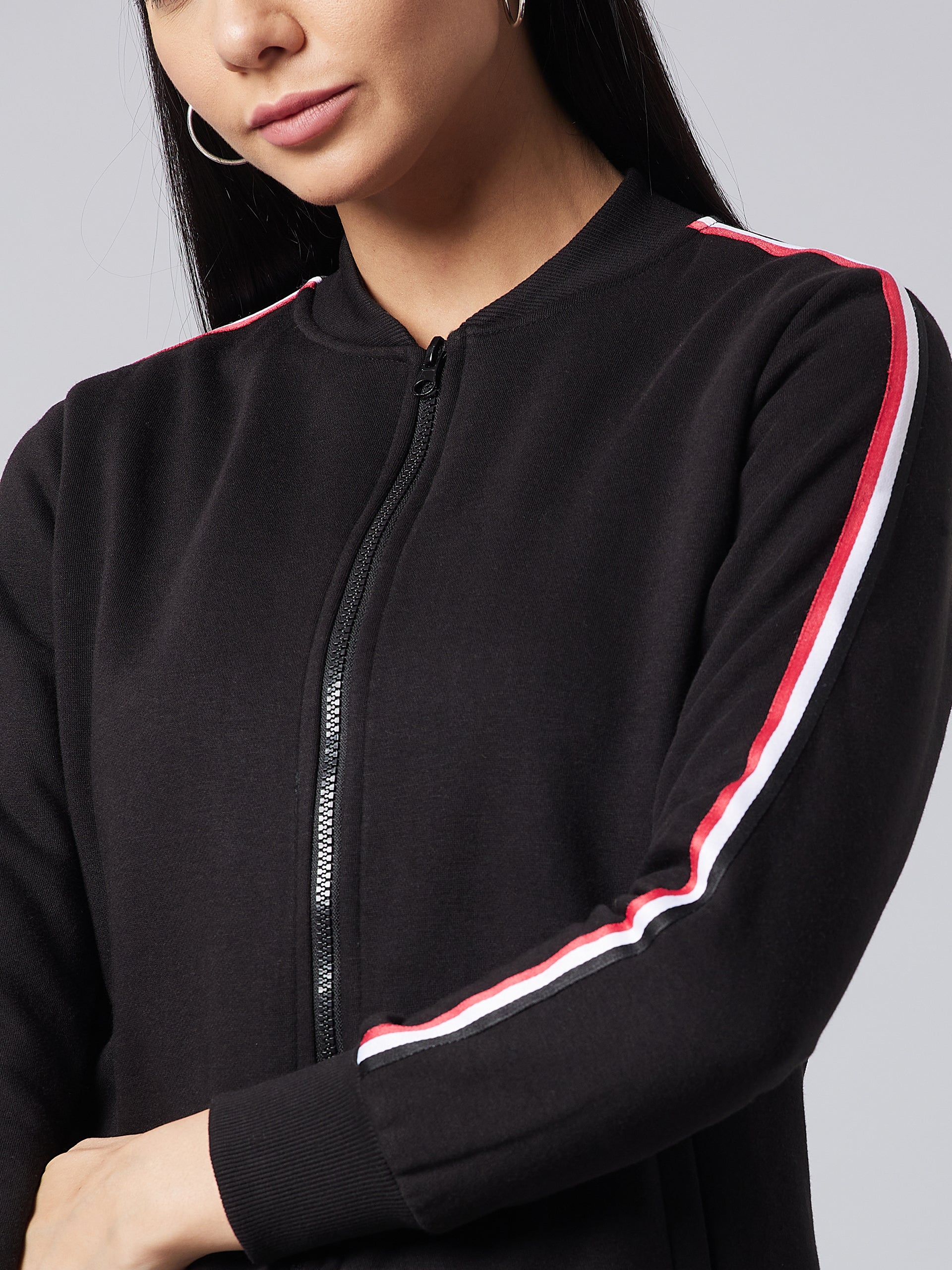 Women's Black V-Neck Full Sleeve Solid Bomber Regular Jacket
