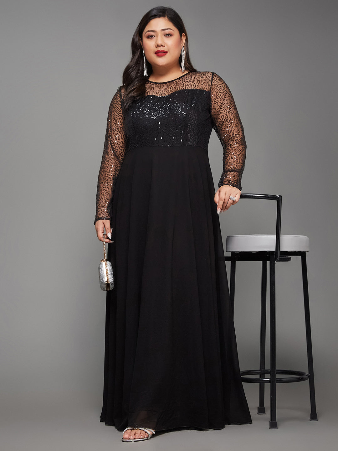 Body Bliss Black Sequined Party Maxi Dress