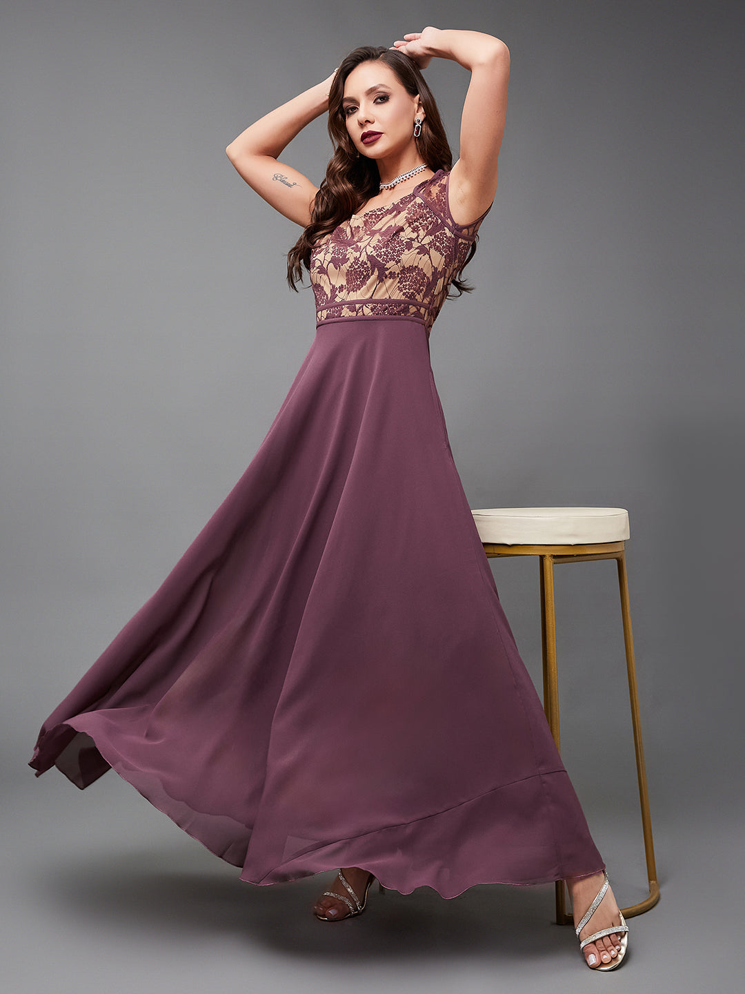 Women's Mauve Sweetheart-Neck Raglan-Sleeve Self-Designed Fit & Flare Georgette Maxi Dress