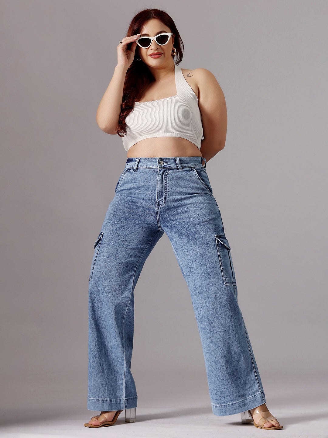 24/7 Comfort Light Blue Wide-Leg High-Rise Clean-Look Regular-Length Stretchable Flared Cargo Style Denim Jeans
