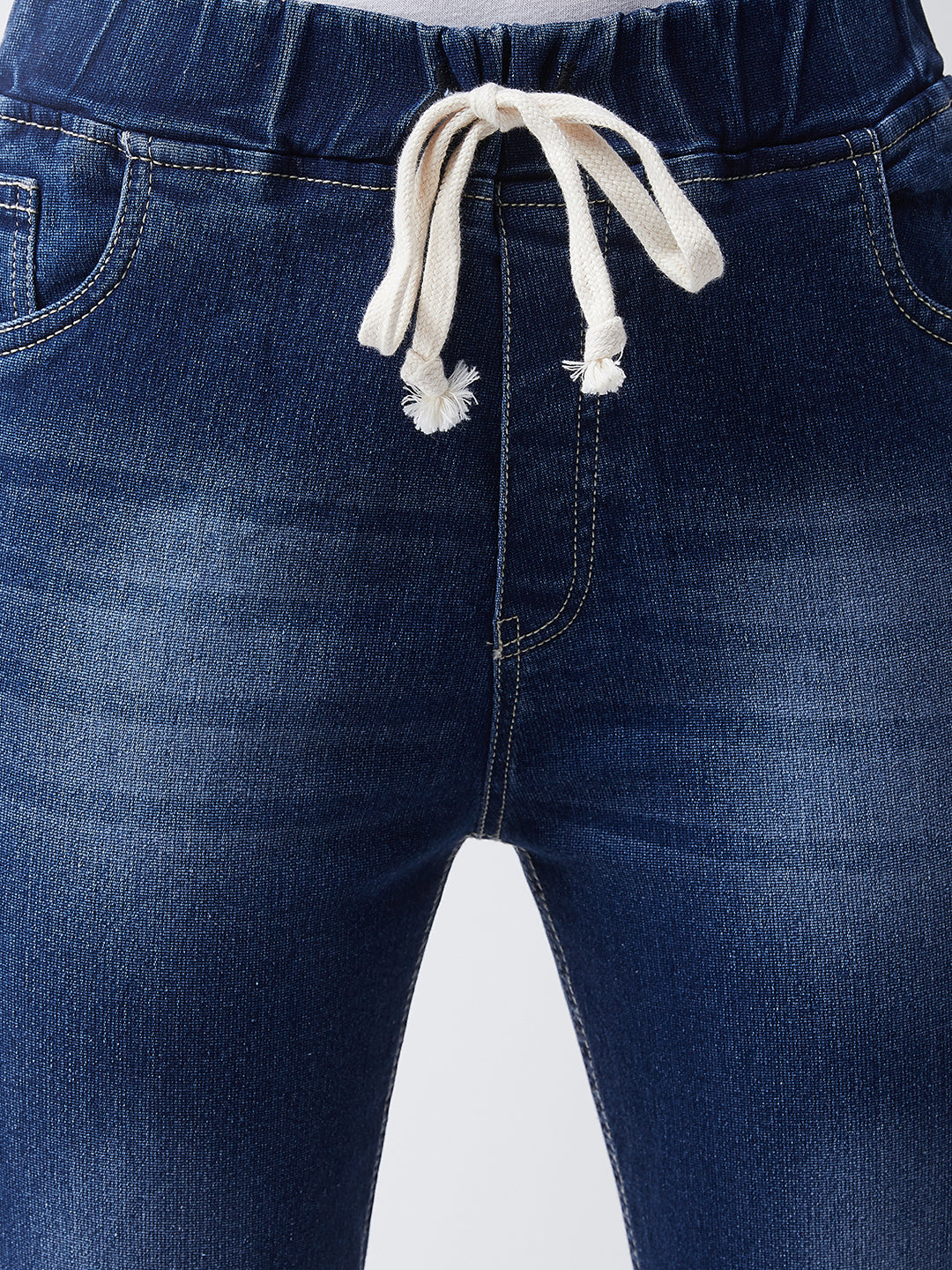 Women's Navy Blue Relaxed Fit Mid Rise Regular Length Scraped Denim Stretchable Jogger Pants