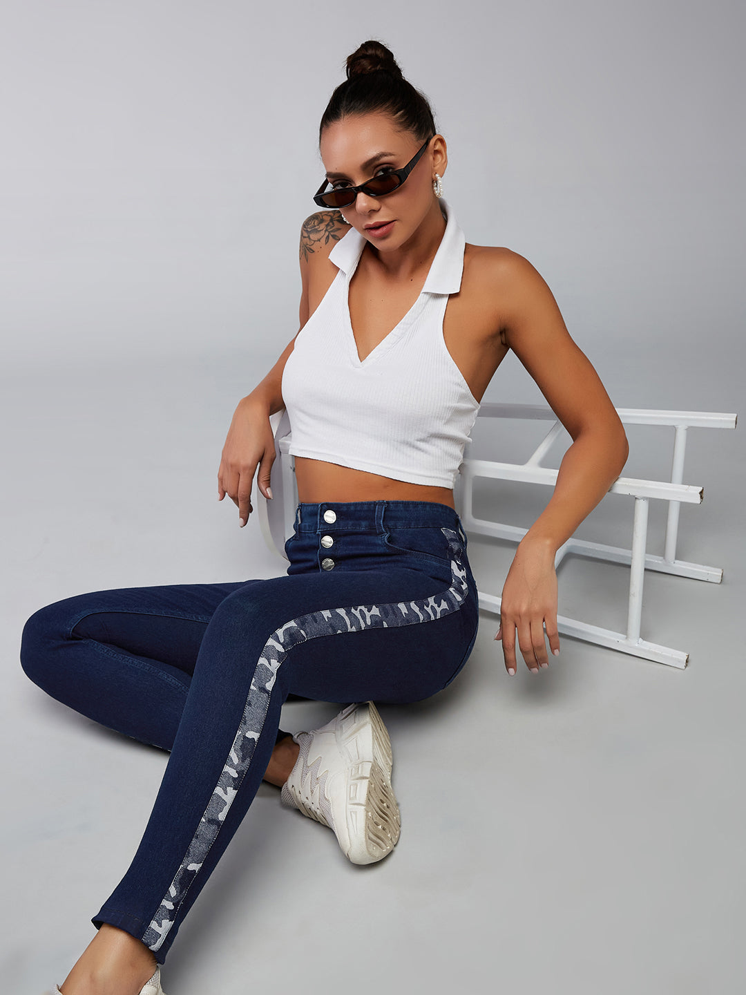 24/7 Comfort Navy-Blue Skinny High-Rise Printed Fabric Tape Detailing Denim Jeans