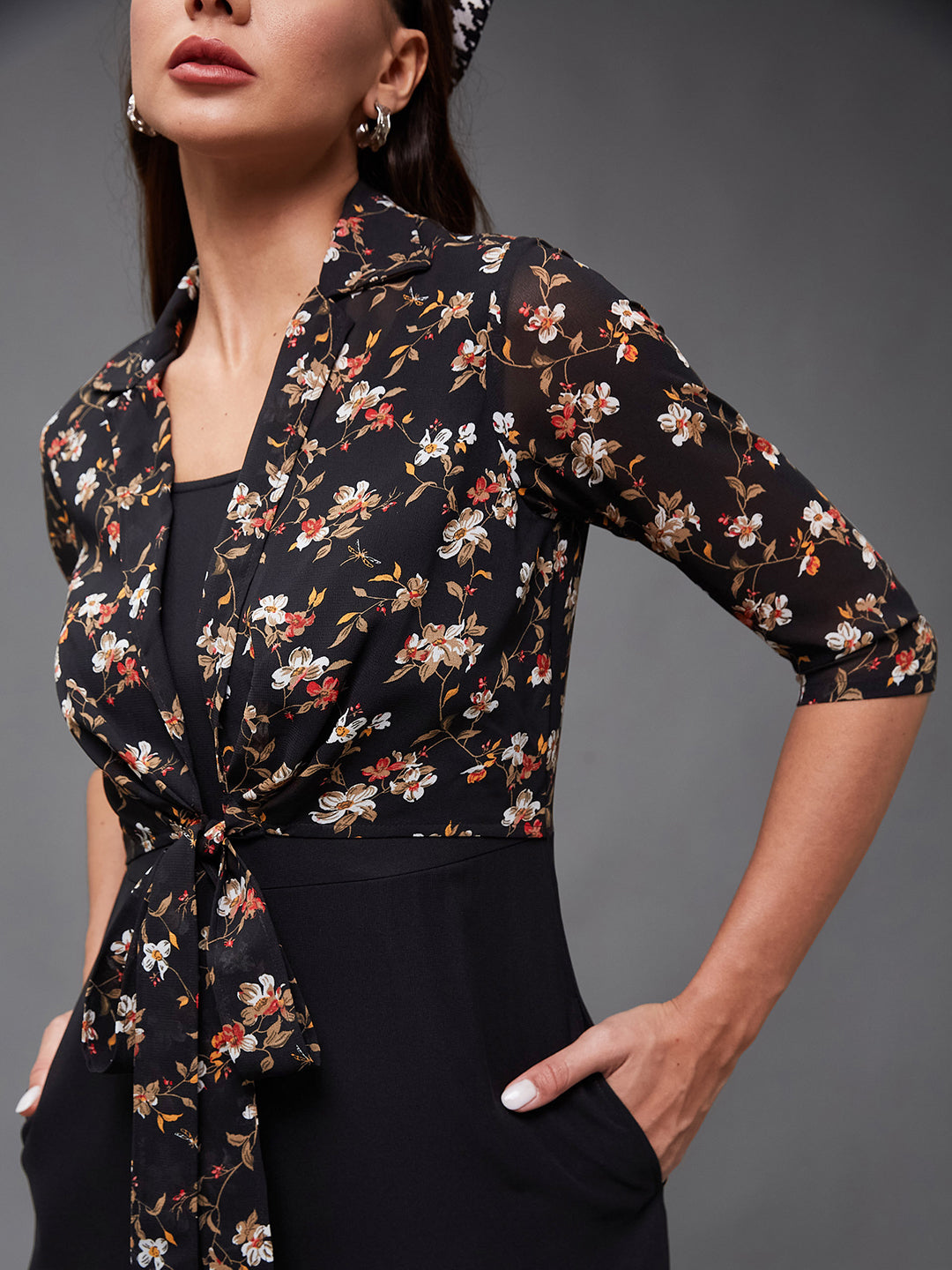 Women's Multicolored-Base-Black Round Neck 3/4 Sleeve Floral Jacket Style Georgette Regular-Length Jumpsuit