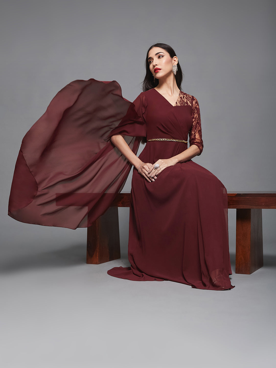 Women's Wine V-Neck 3/4 Sleeve Self-Designed Asymmetric Georgette Maxi Dress