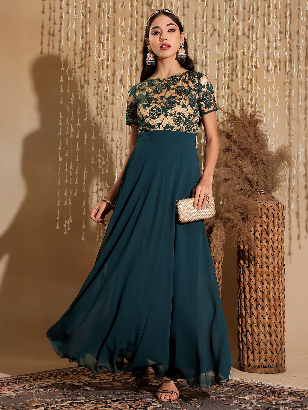 Women's Teal Round Neck Half Sleeve Self Design Fit & Flare Georgette Maxi Dress