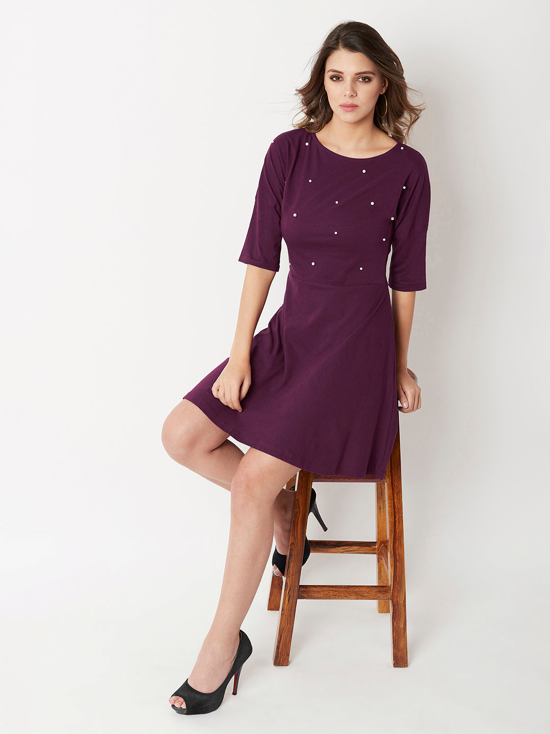 Women's Magenta Round Neck 3/4 Sleeve Cotton Solid Pearl Detailing Mini Skater Dress