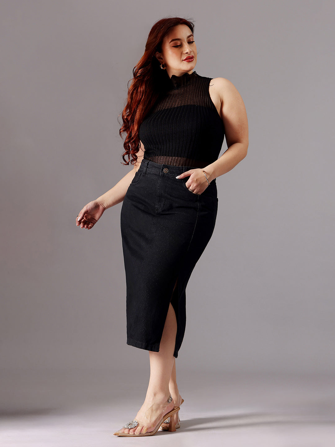 Women's Black Straight-Fit High-Rise Clean-Look Stretchable Denim Midi Skirt