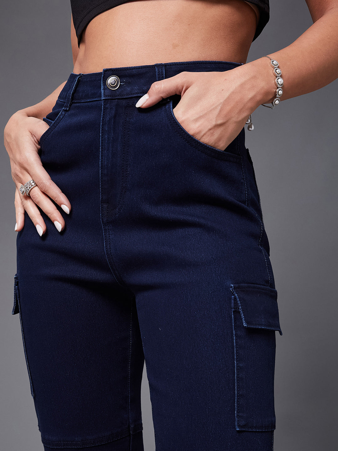 24/7 Comfort Navy-Blue Wide-Leg High-Rise Stretchable Denim Jeans