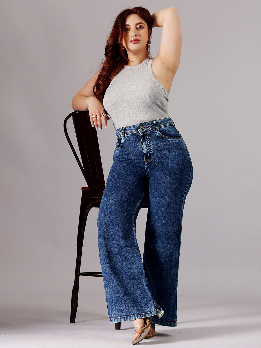 24/7 Comfort Mid-Blue Wide-Leg High-Rise Regular-Length Stretchable Denim Jeans