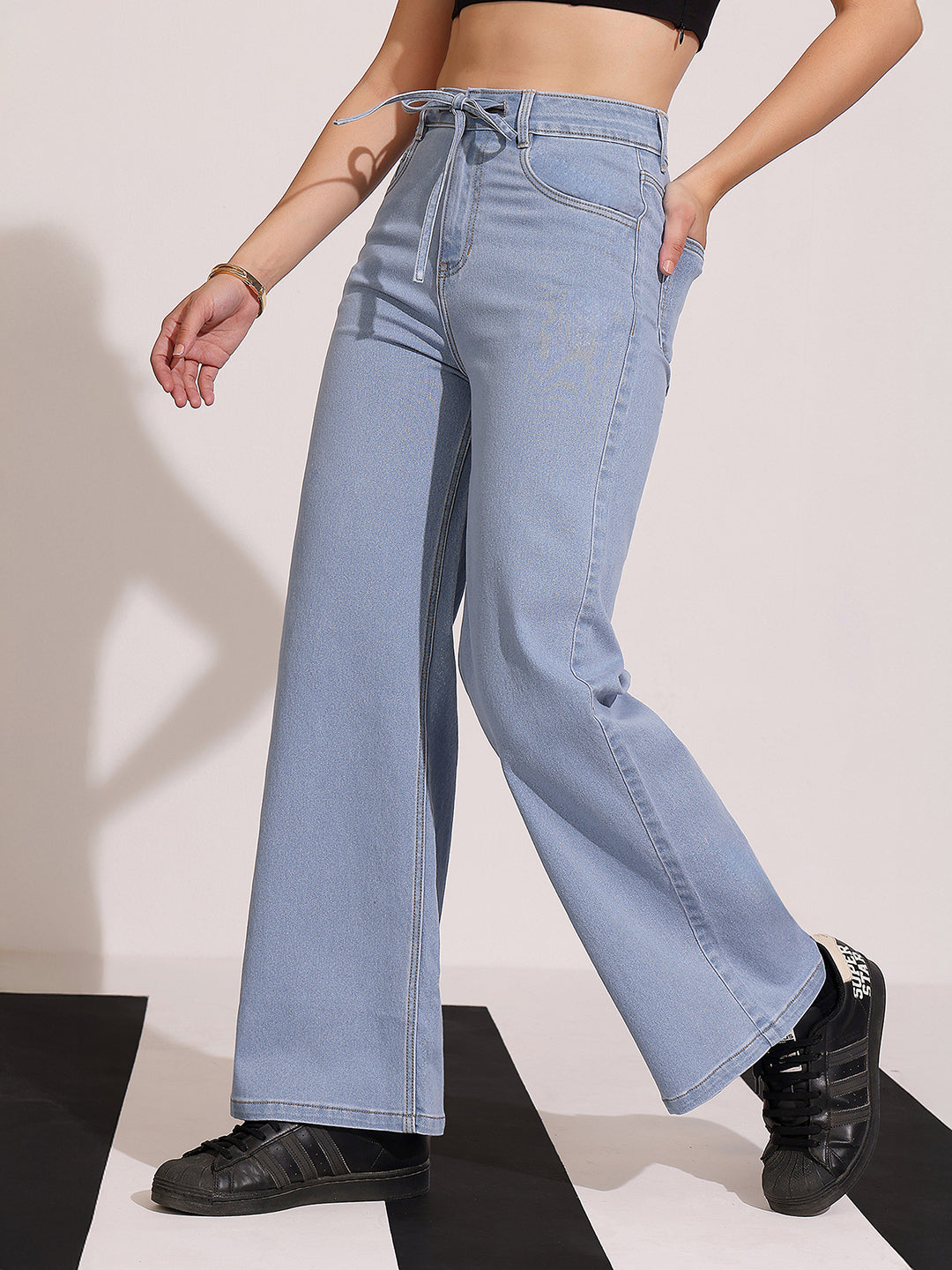 Women's Light Blue High-Rise Wide Leg Stretch Denim Jeans with Tie-Up Waist