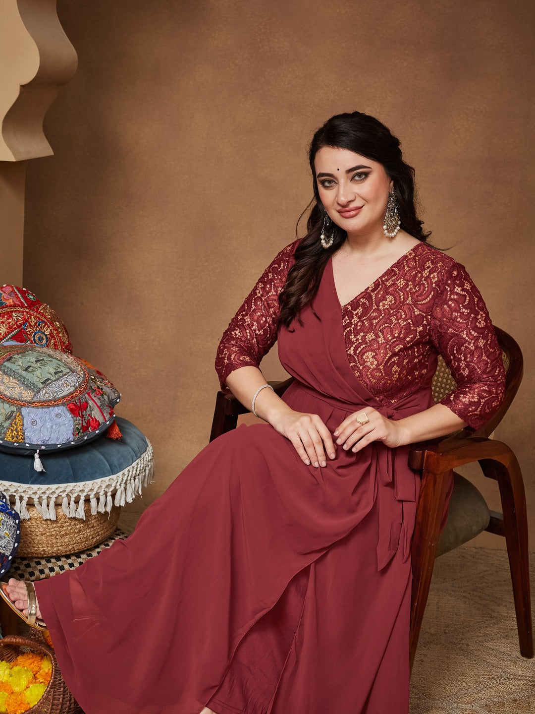 Brick Red V-Neck 3/4 Sleeve Self-Designed Wrap Styled Georgette Maxi Dress for Women — Miss Chase A+