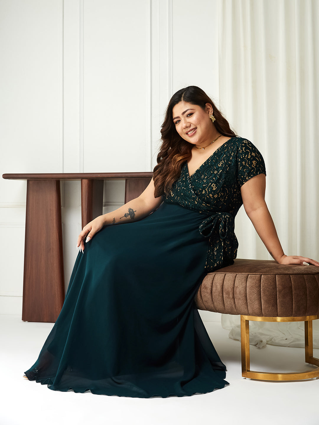 Body Bliss Teal Lace Overlaid Georgette Maxi Dress