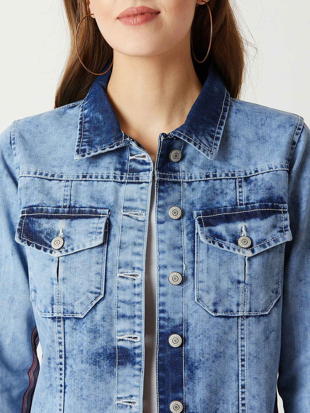 Women's Light Blue Collared Full Sleeve Denim Multicolored Twill Tape Detailing Denim Jacket