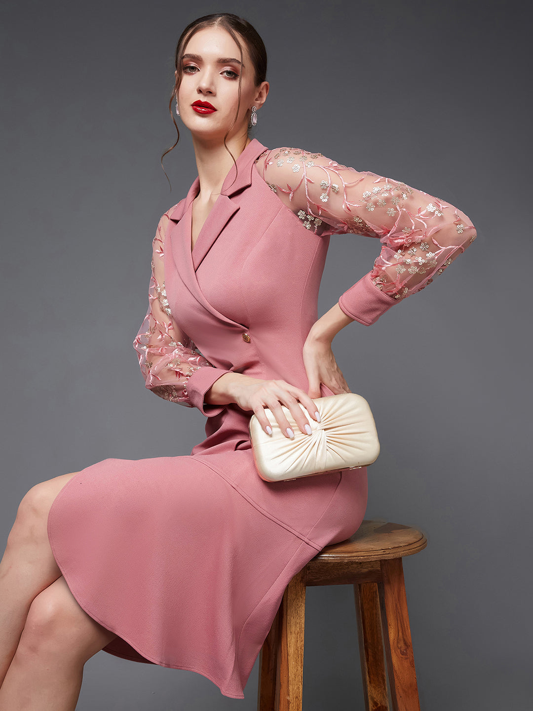 Crease Ease Women's Dusty Pink & Golden Solid Embroidered Knee Length Dress