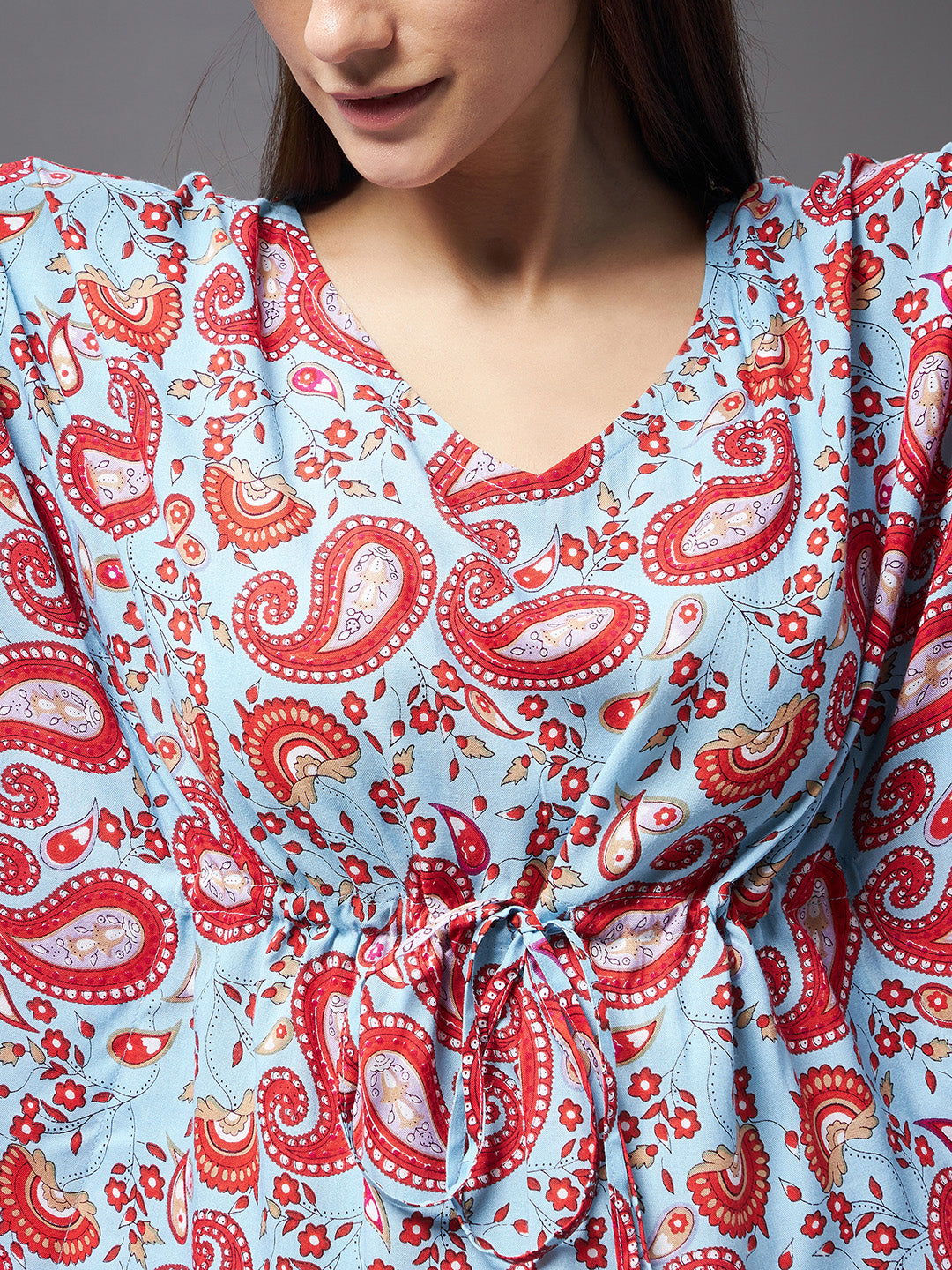 Women's Blue and red V Neck Kaftan Sleeve Printed Tie-Up Waist Regular Kaftan & Pajama Set