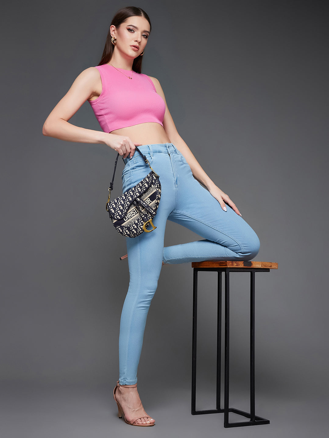 CHASEstretch™ Light Blue Skinny Fringed Hemline High-Rise Cropped Denim Jeans