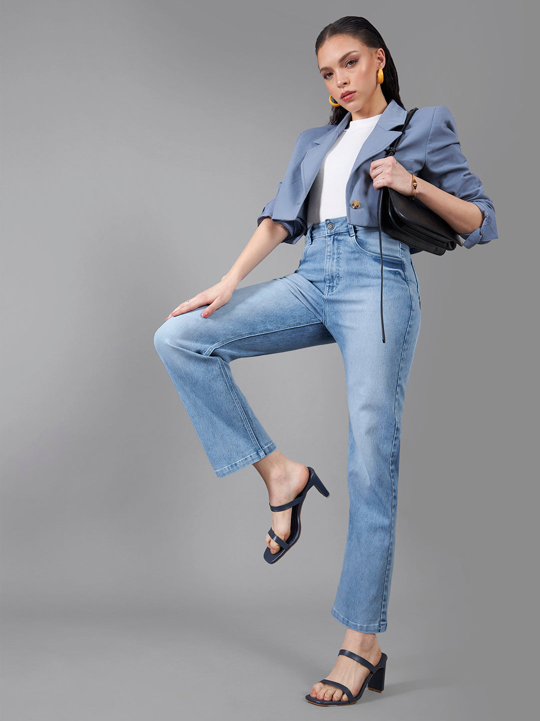 24/7 Comfort Light-Blue Wide-Leg Fit High-Rise Stretchable Denim Jeans for Women