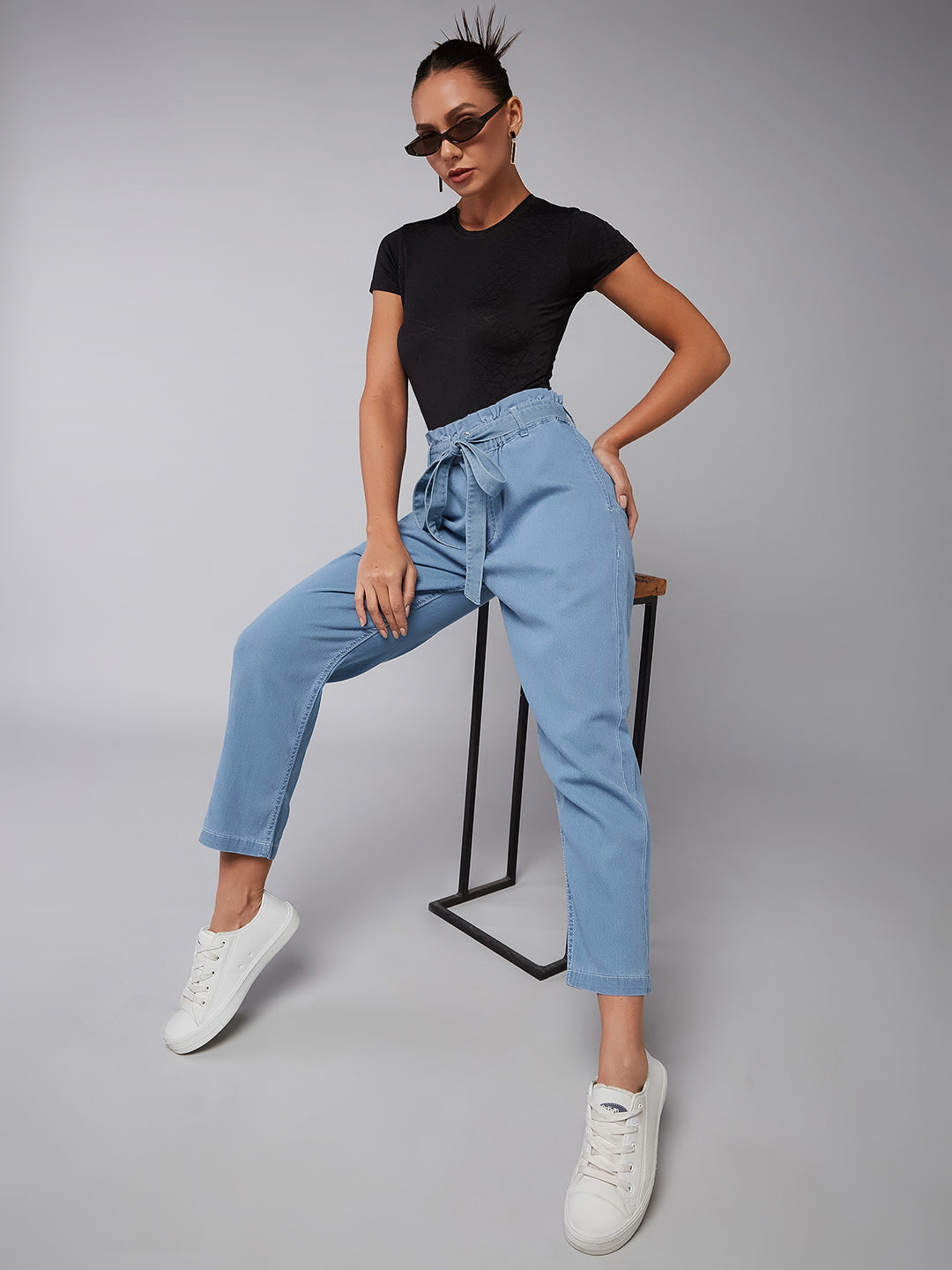 Women's Light Blue Paperbag High-Rise Stretchable Denim Jeans