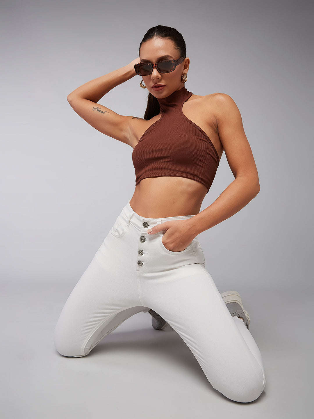 Women's White Skinny-Fit High-Rise Cropped Raw Edge Detailing Stretchable Denim Jeans