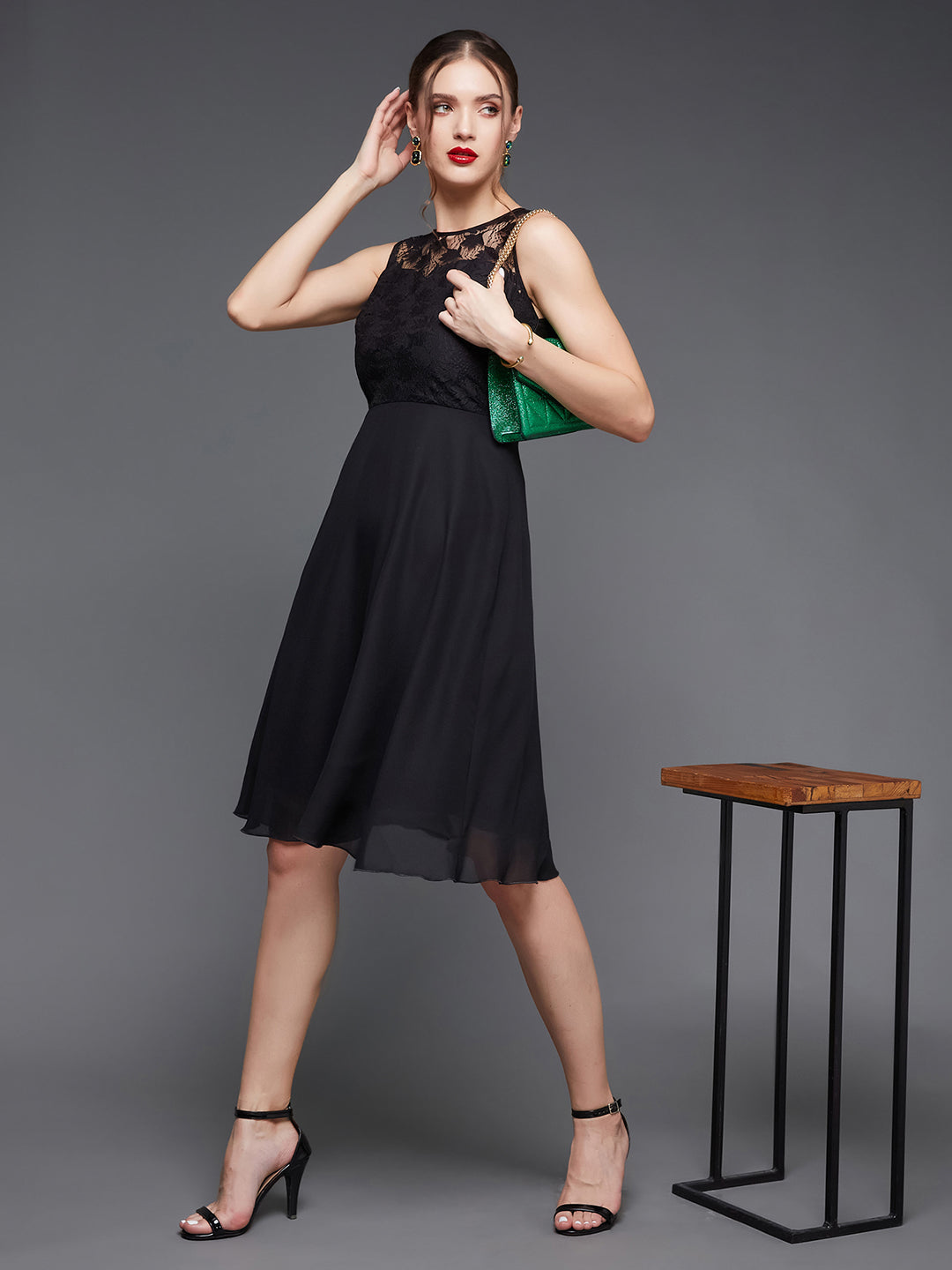 Women's Black Round Neck Sleeveless Solid Mini Lace Skater Dress