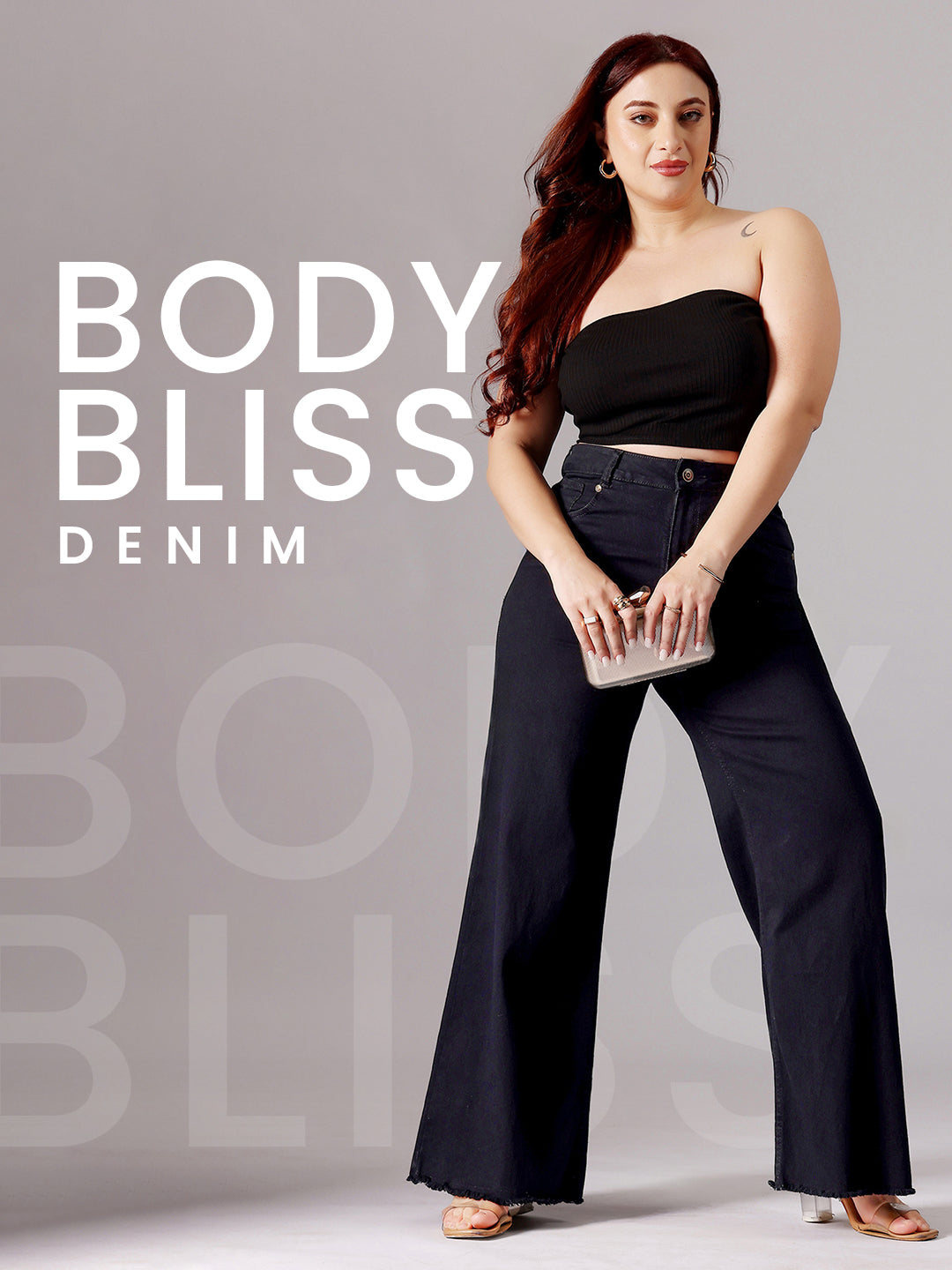 24/7 Comfort Black High-Rise Clean-Look Stretchable Wide-Leg Denim Jeans for Women