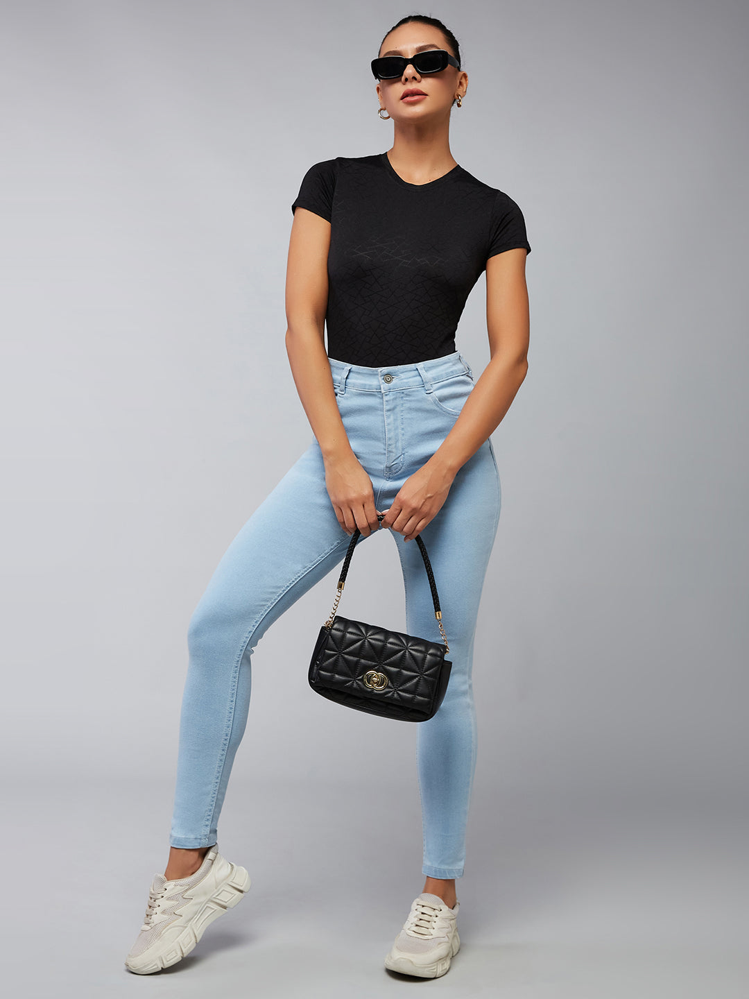 24/7 Comfort Light Blue Skinny Fringed Hemline Detailing High-Rise Cropped Solid Stretchable Denim Jeans