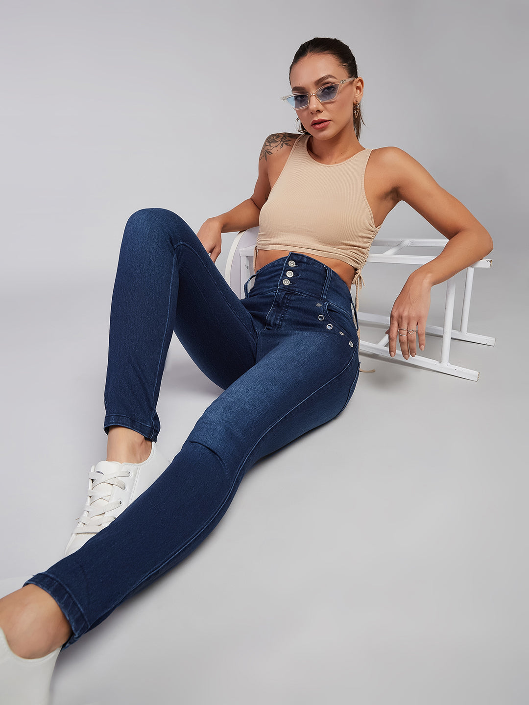 24/7 Comfort Navy Blue Skinny-Fit High-Rise Stretchable Denim Pants