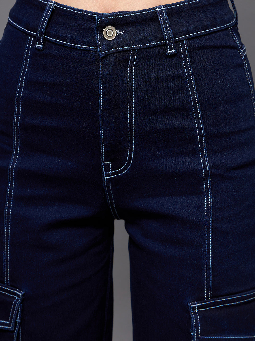 24/7 Comfort Navy Blue Wide-Leg Cargo High-Rise Stretchable Baggy Denim Jeans