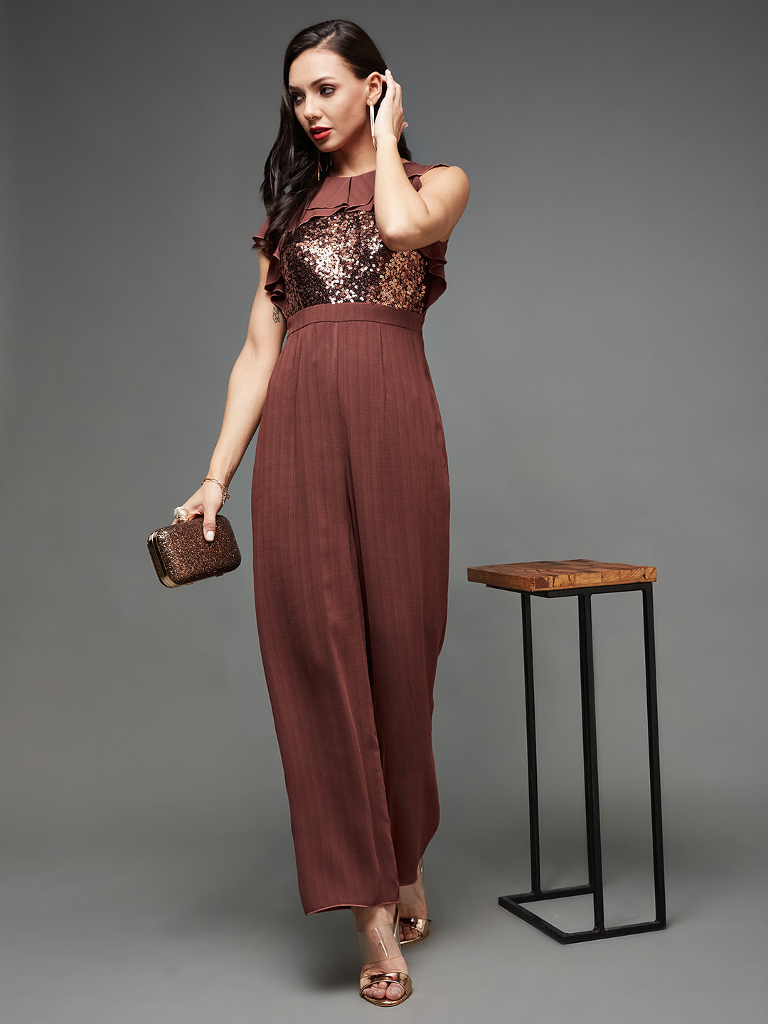 Women's Light Burgundy Halter Neck Sleeveless Sequined Party Crepe Ruffled Jumpsuit