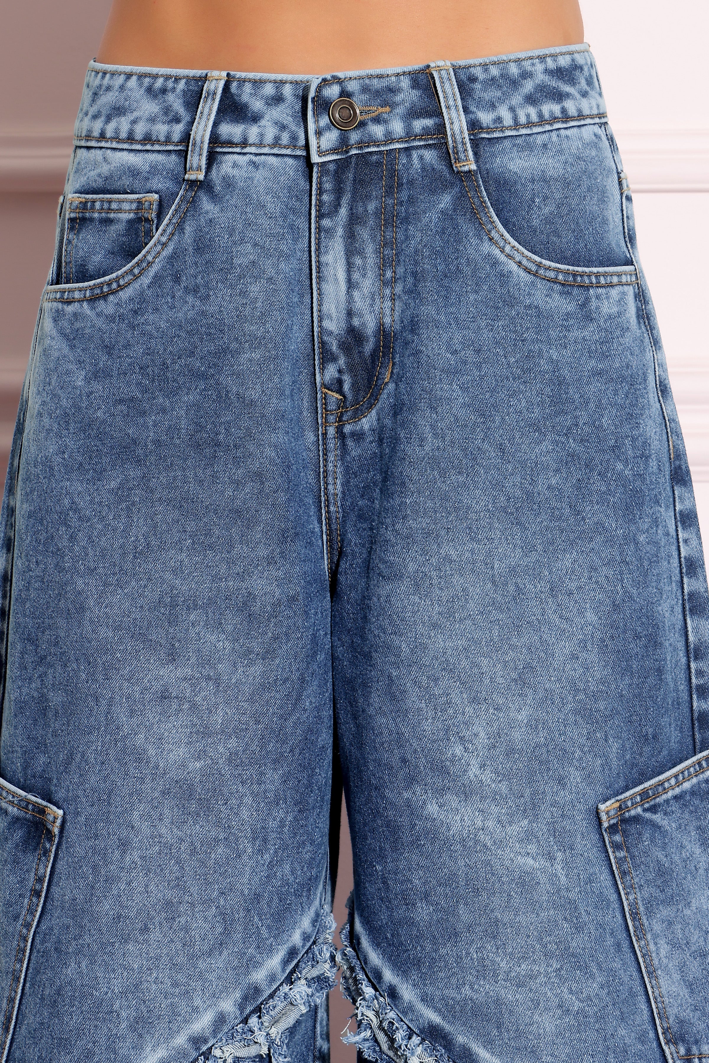 Women's Navy-Blue Wide-Leg High-Rise Highly-Distressed Regular-Length Denim Jeans