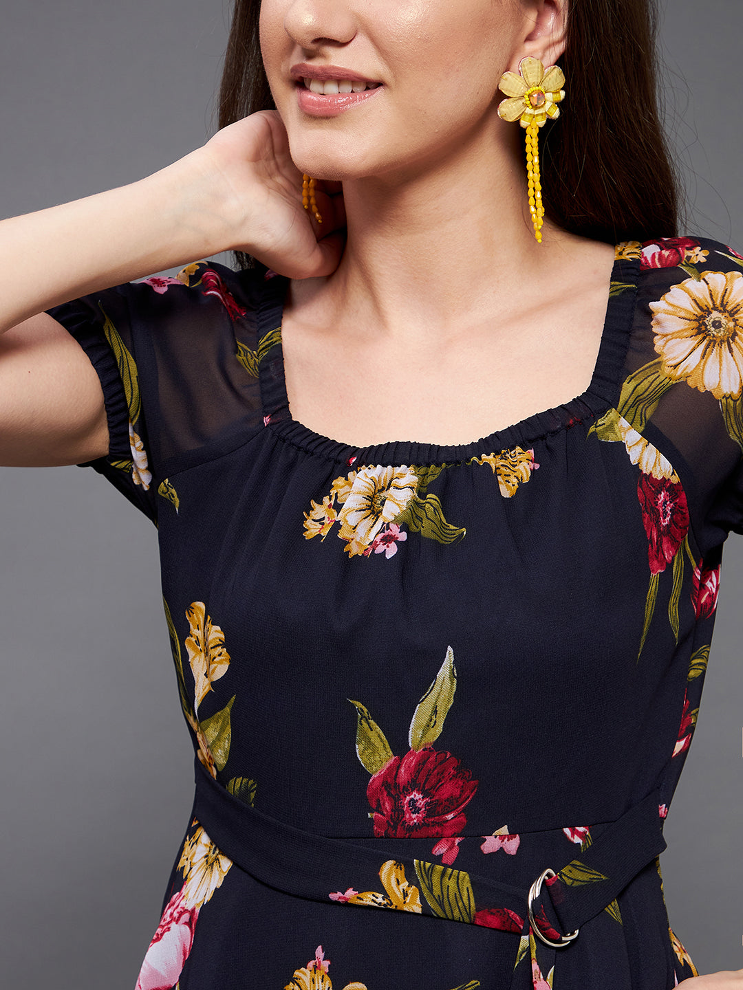 Women's Multicolored Base-Navy Blue Square Neck Short Puff Sleeve Floral Fit & Flare Georgette Midi Dress