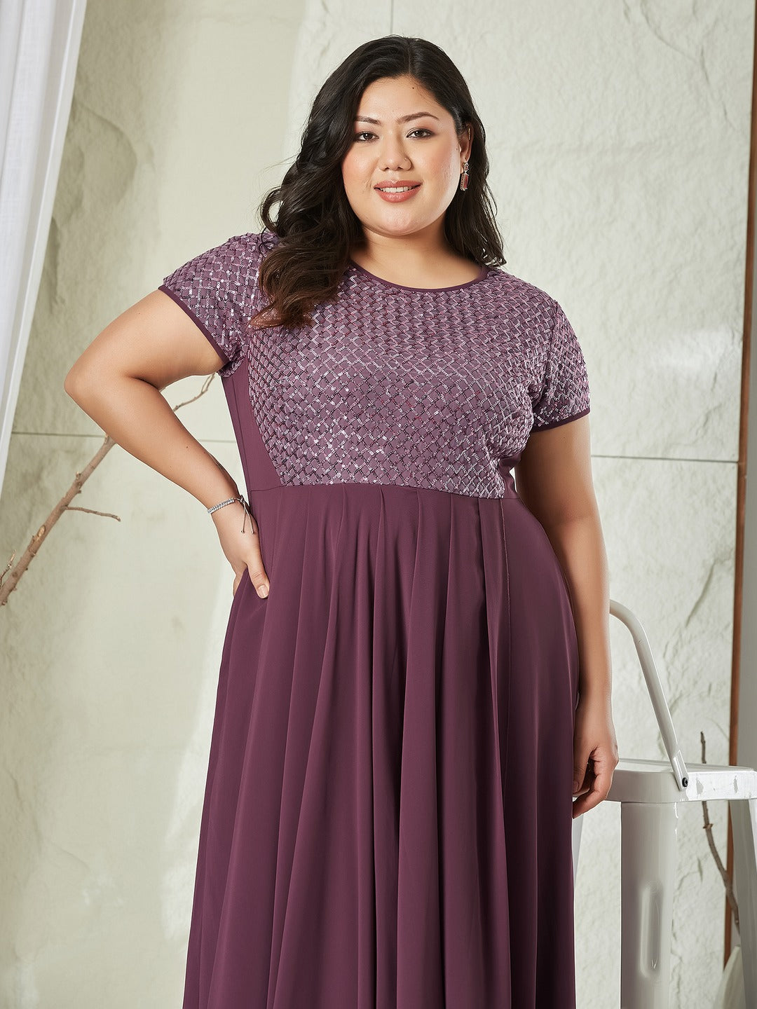 Mauve Round Neck Cap Sleeve Embellished Fit & Flare Maxi Crepe Dress for Women