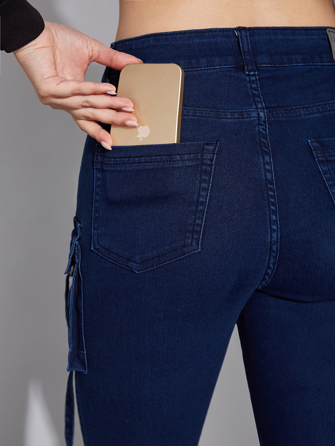24/7 Comfort Navy-Blue Patch Pockets Bell-Bottom Bootcut High-Rise Stretchable Denim Jeans