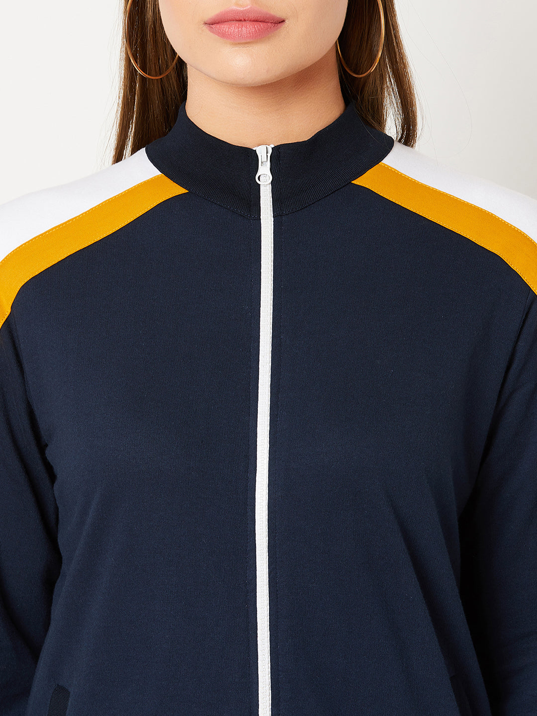 Women's Multicolored-Base-Navy Blue Turtle-neck Full sleeves Solid Color-Block Regular length Jacket