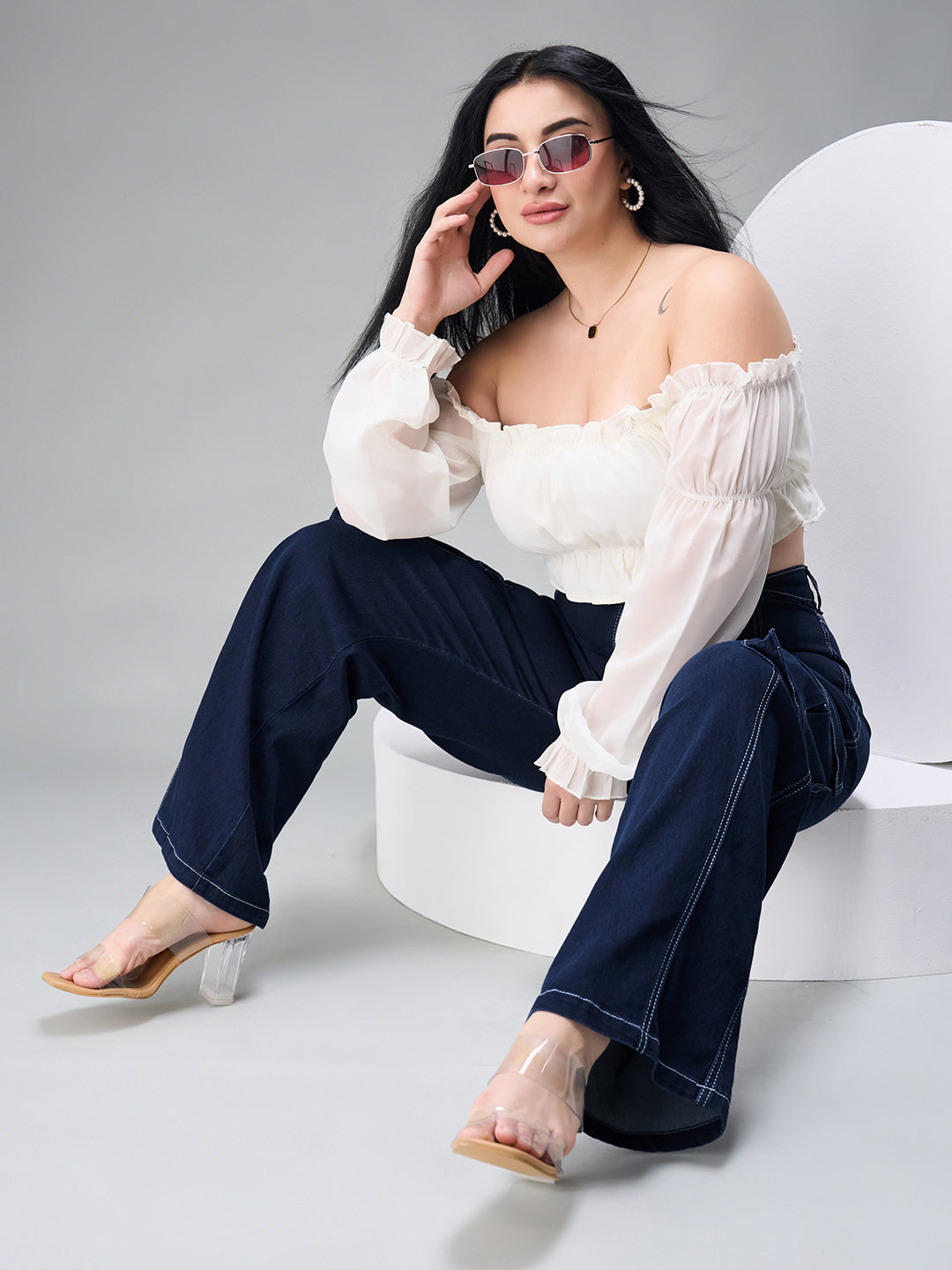 24/7 Comfort Navy-Blue Cargo Wide-Leg High-Rise Stretchable Baggy Denim Jeans