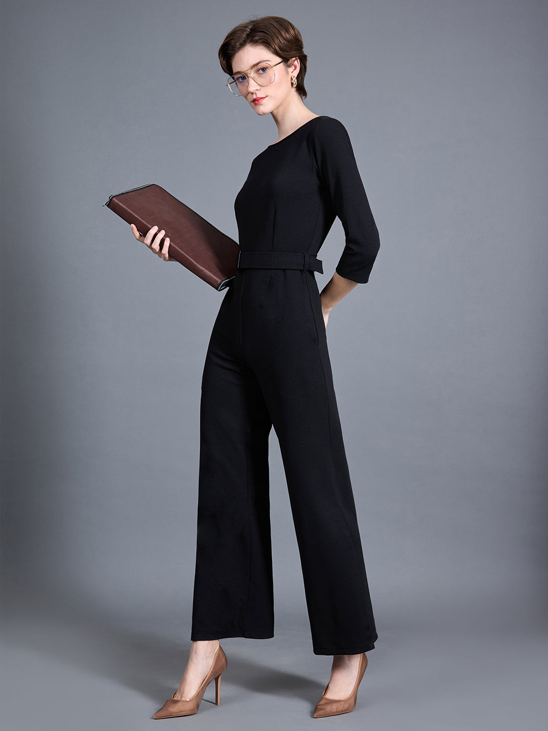 Women's Black Round Neck 3/4 Sleeve Solid Belted Wide leg Side Slit Maxi Jumpsuit