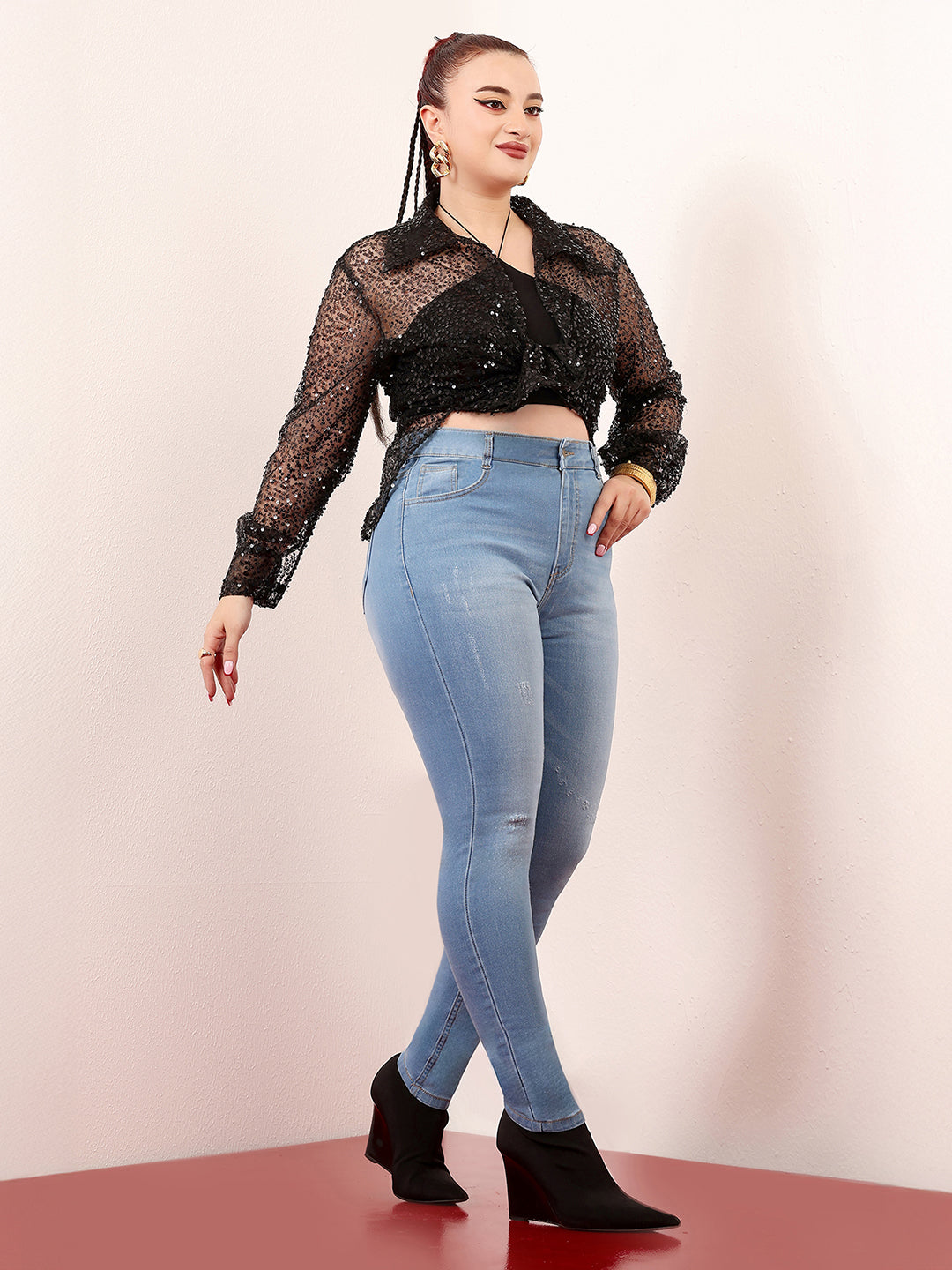 Women's Blue Skinny High-Rise Mild-Distress Stretchable Denim Jeans